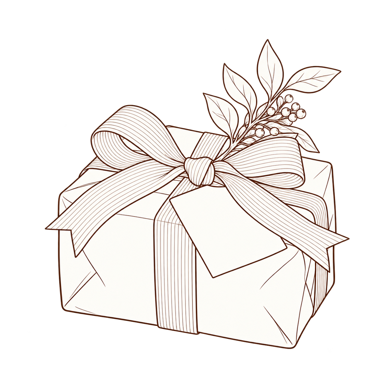 A single wrapped gift with leaves and tag