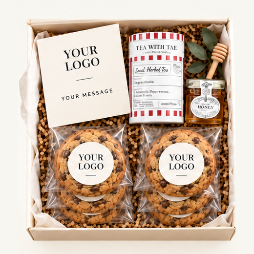 An open box with cookies and complementary pieces